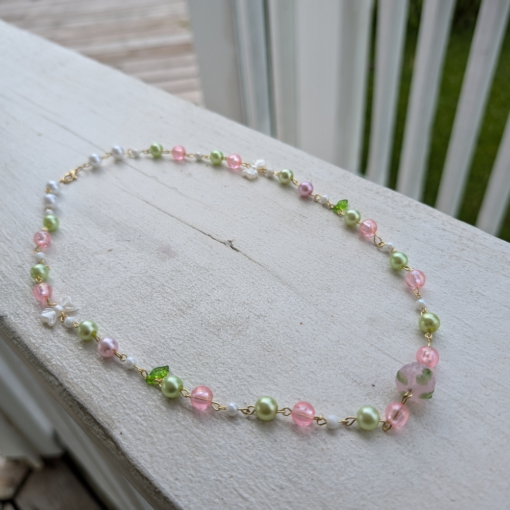 Strawberry Necklace, handmade by CoralWolf, White, Green, & Clear Pink Beads